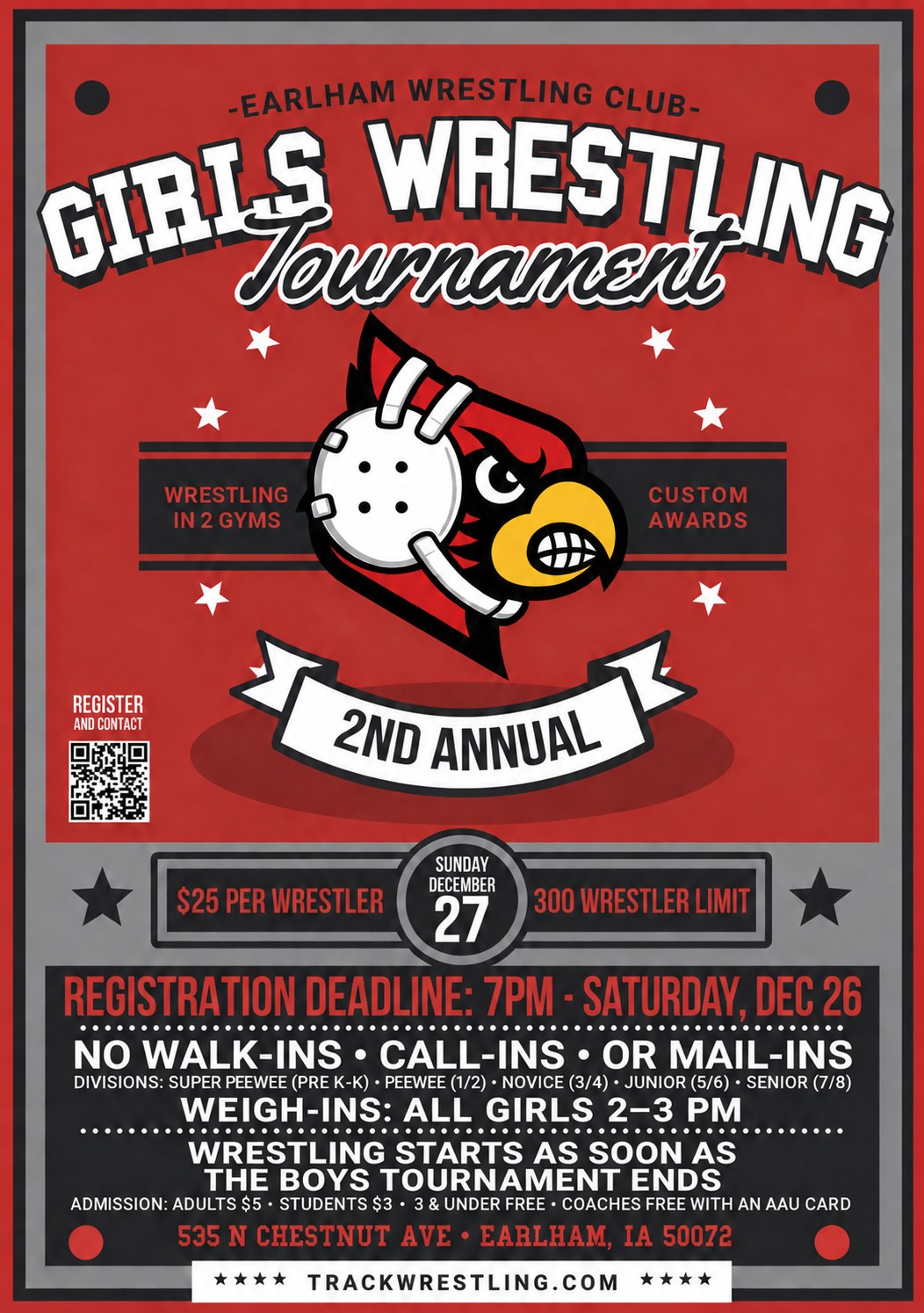 2nd Annual Earlham Wrestling Club Girls Wrestling Tournament flyer