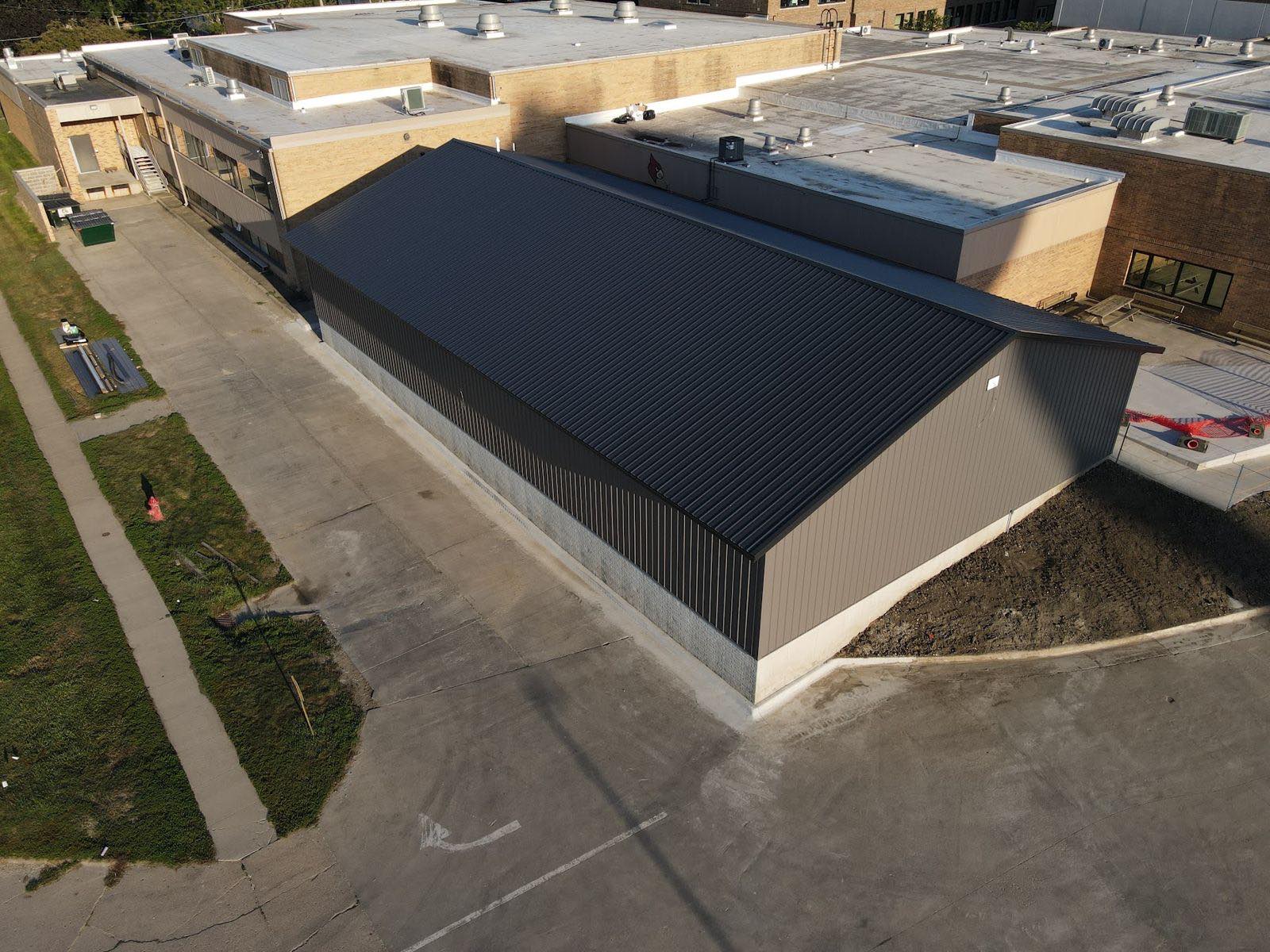 Aerial view of the finished building